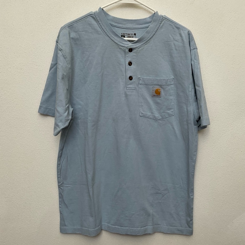 Carhartt Light Powder Blue 3 Button Henley Short Sleeve Loose Fit Size Medium